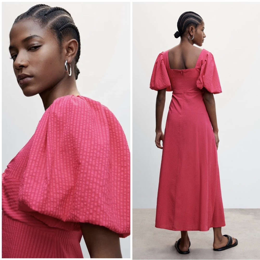 MNG Puffed Sleeves Textured Dress In Hot Pink Size 10
In Excellent Condition